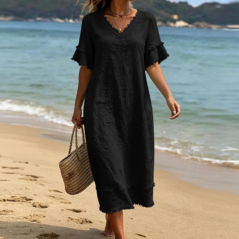 Robe midi ample à col en V et pompons pour femme