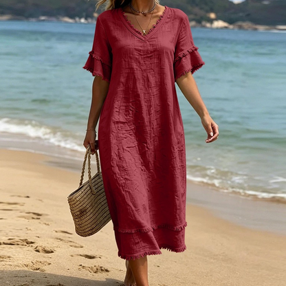 Robe midi ample à col en V et pompons pour femme