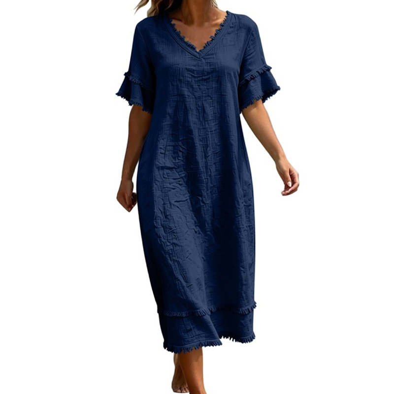 Robe midi ample à col en V et pompons pour femme