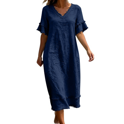 Robe midi ample à col en V et pompons pour femme