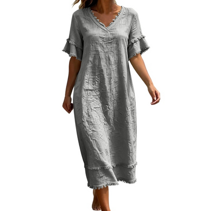 Robe midi ample à col en V et pompons pour femme