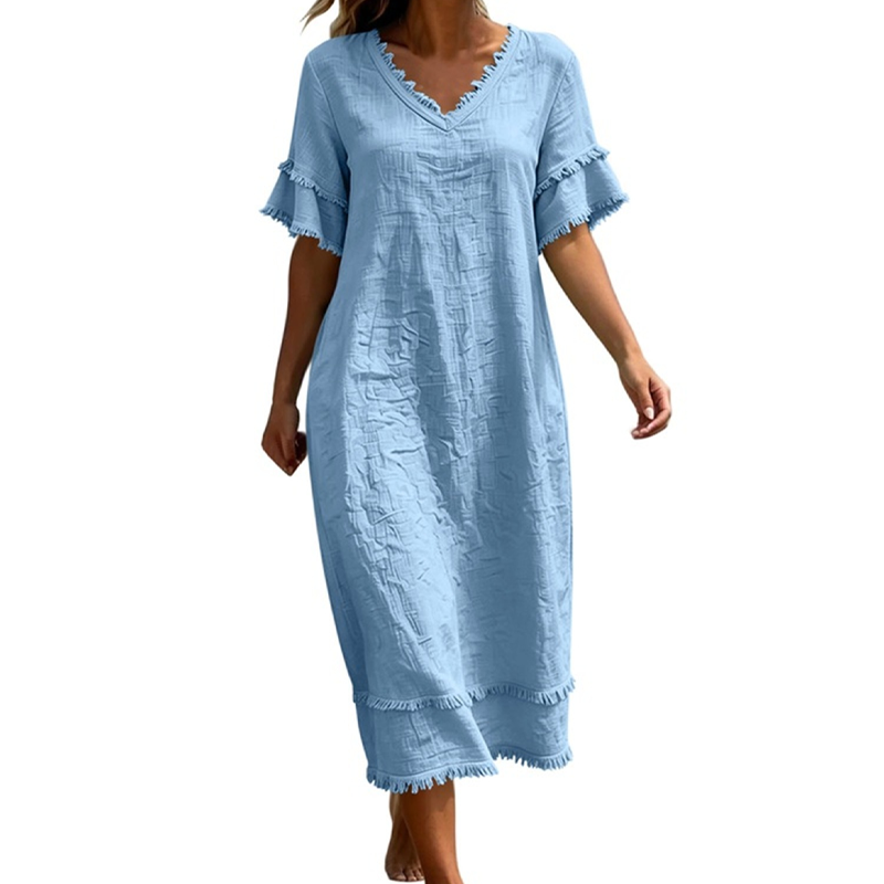 Robe midi ample à col en V et pompons pour femme