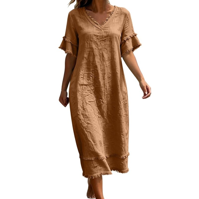 Robe midi ample à col en V et pompons pour femme