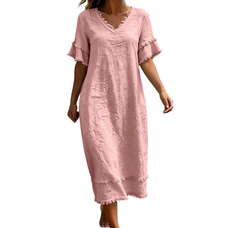 Robe midi ample à col en V et pompons pour femme
