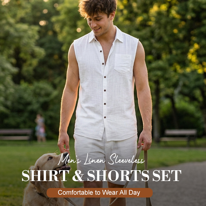 🔥-56% 👔 Ensemble 2 Pièces Homme Chemise Sans Manches Lin à Poches + Short Taille Élastique Cordon Ajustable