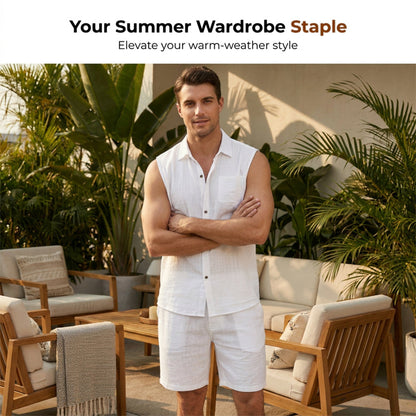 🔥-56% 👔 Ensemble 2 Pièces Homme Chemise Sans Manches Lin à Poches + Short Taille Élastique Cordon Ajustable
