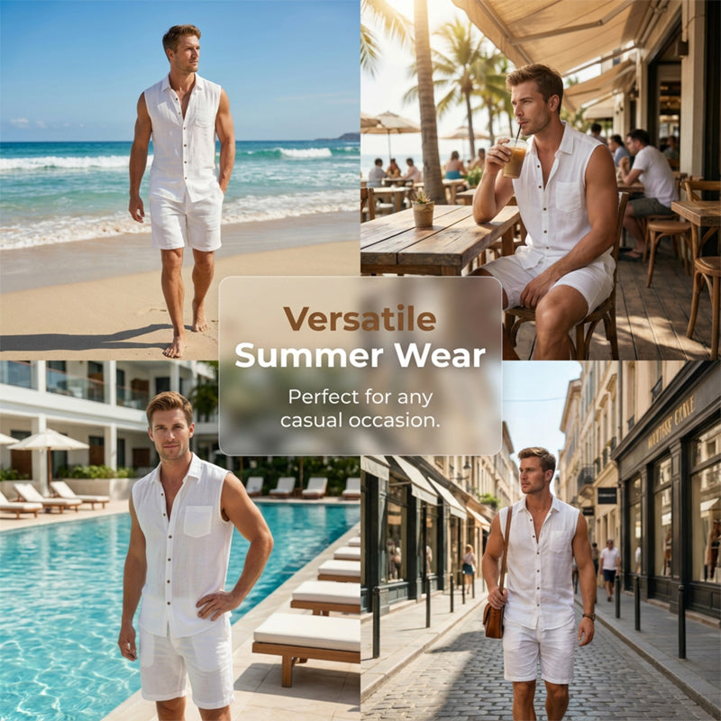 🔥-56% 👔 Ensemble 2 Pièces Homme Chemise Sans Manches Lin à Poches + Short Taille Élastique Cordon Ajustable