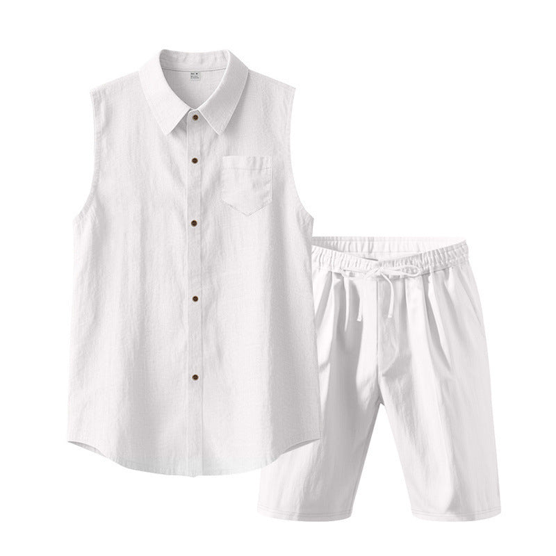 🔥-56% 👔 Ensemble 2 Pièces Homme Chemise Sans Manches Lin à Poches + Short Taille Élastique Cordon Ajustable