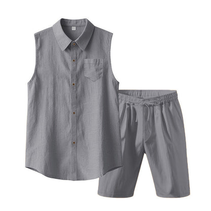 🔥-56% 👔 Ensemble 2 Pièces Homme Chemise Sans Manches Lin à Poches + Short Taille Élastique Cordon Ajustable
