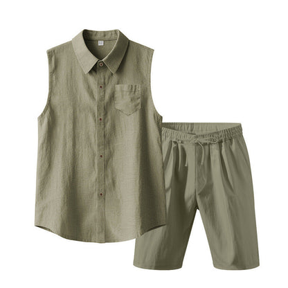 🔥-56% 👔 Ensemble 2 Pièces Homme Chemise Sans Manches Lin à Poches + Short Taille Élastique Cordon Ajustable