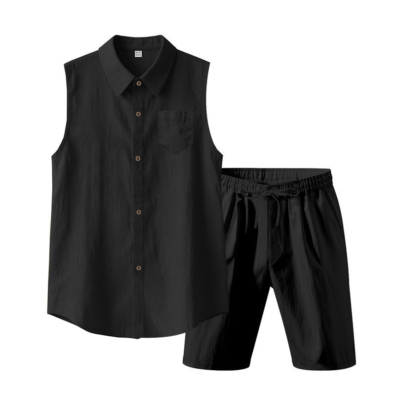 🔥-56% 👔 Ensemble 2 Pièces Homme Chemise Sans Manches Lin à Poches + Short Taille Élastique Cordon Ajustable