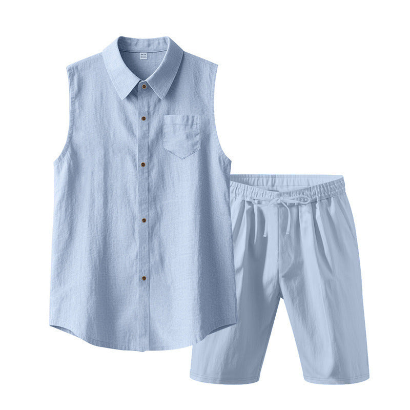 🔥-56% 👔 Ensemble 2 Pièces Homme Chemise Sans Manches Lin à Poches + Short Taille Élastique Cordon Ajustable