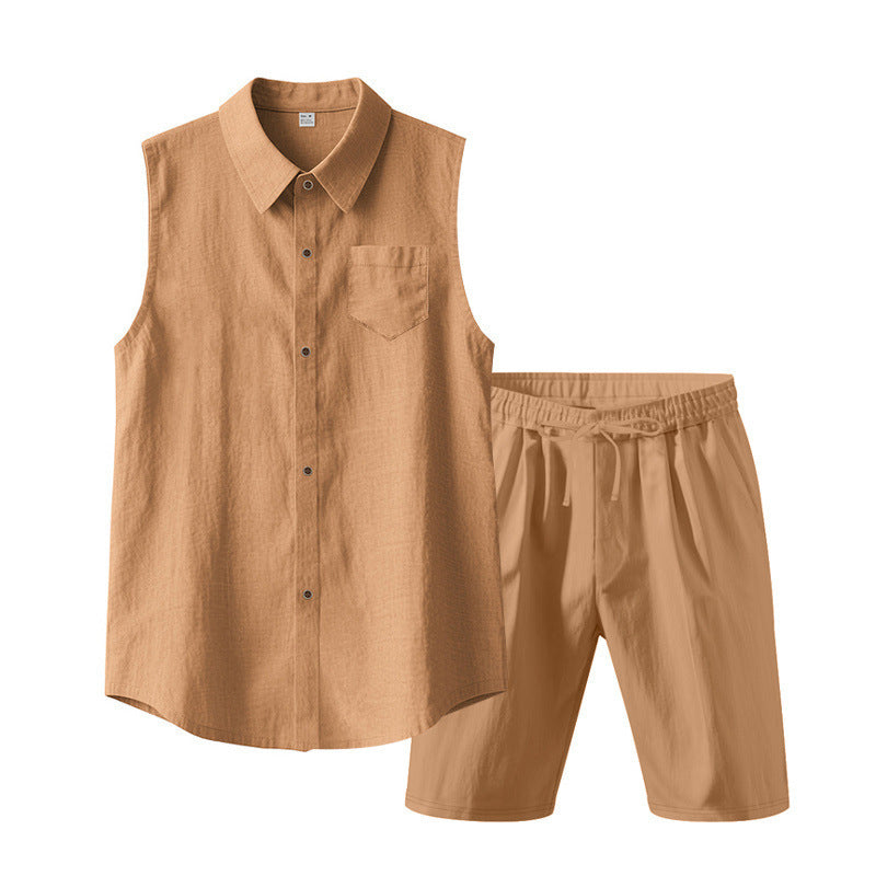 🔥-56% 👔 Ensemble 2 Pièces Homme Chemise Sans Manches Lin à Poches + Short Taille Élastique Cordon Ajustable