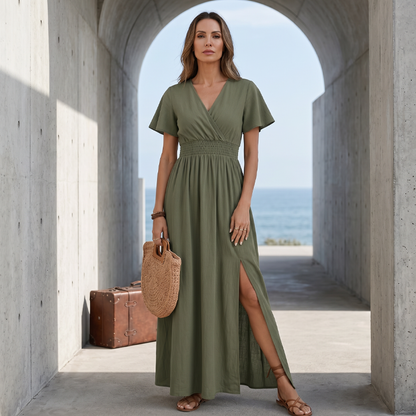 Robe longue d'été femme à col V avec fente latérale
