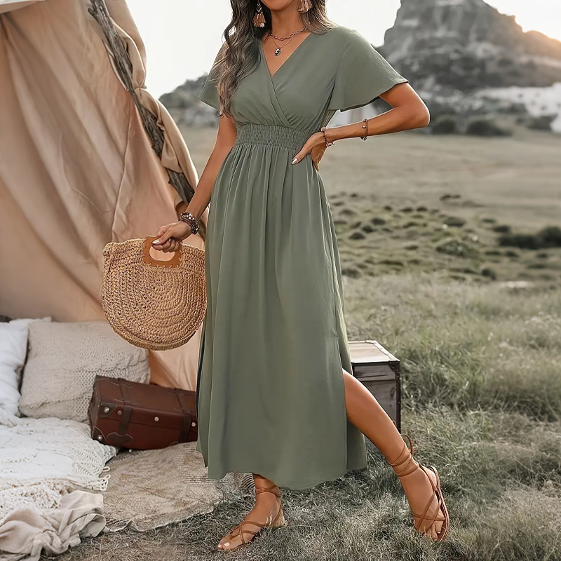 Robe longue d'été femme à col V avec fente latérale