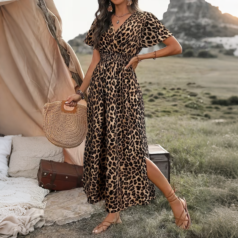 Robe longue d'été femme à col V avec fente latérale