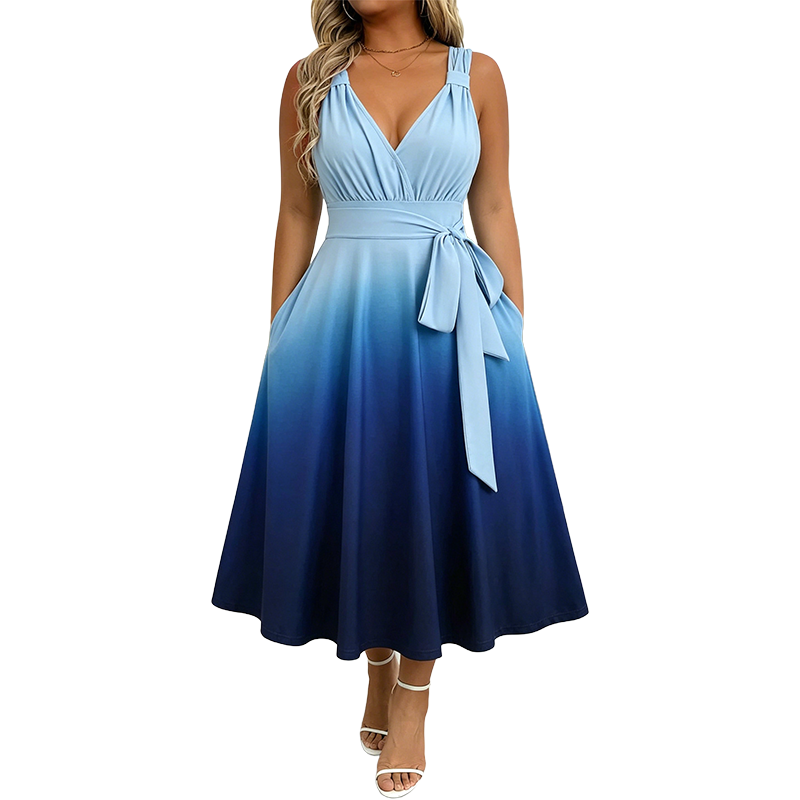 Robe élégante à col en V et dégradé de couleurs pour femme, avec poches