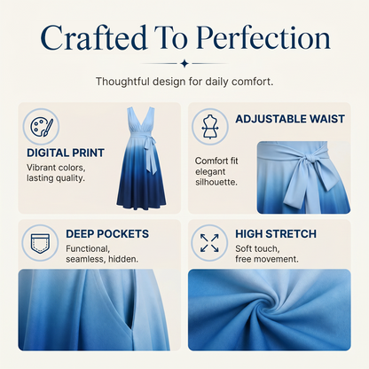 Robe élégante à col en V et dégradé de couleurs pour femme, avec poches