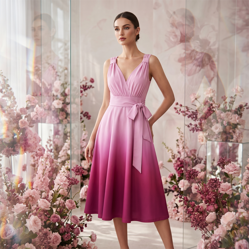 Robe élégante à col en V et dégradé de couleurs pour femme, avec poches