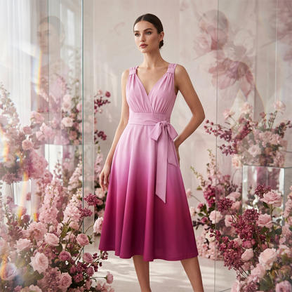 Robe élégante à col en V et dégradé de couleurs pour femme, avec poches