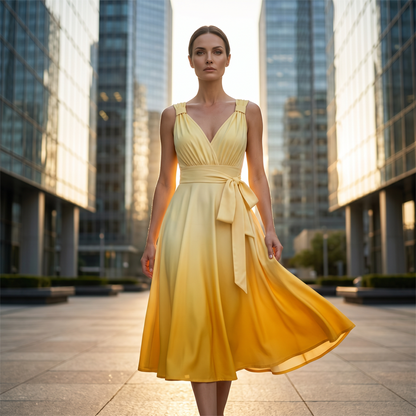 Robe élégante à col en V et dégradé de couleurs pour femme, avec poches