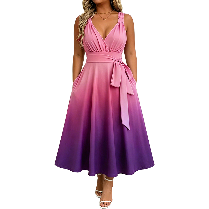 Robe élégante à col en V et dégradé de couleurs pour femme, avec poches
