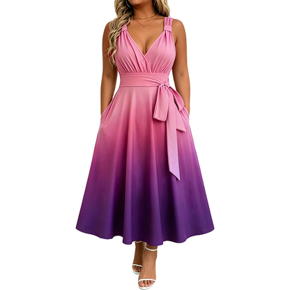 Robe élégante à col en V et dégradé de couleurs pour femme, avec poches