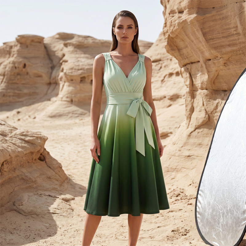 Robe élégante à col en V et dégradé de couleurs pour femme, avec poches
