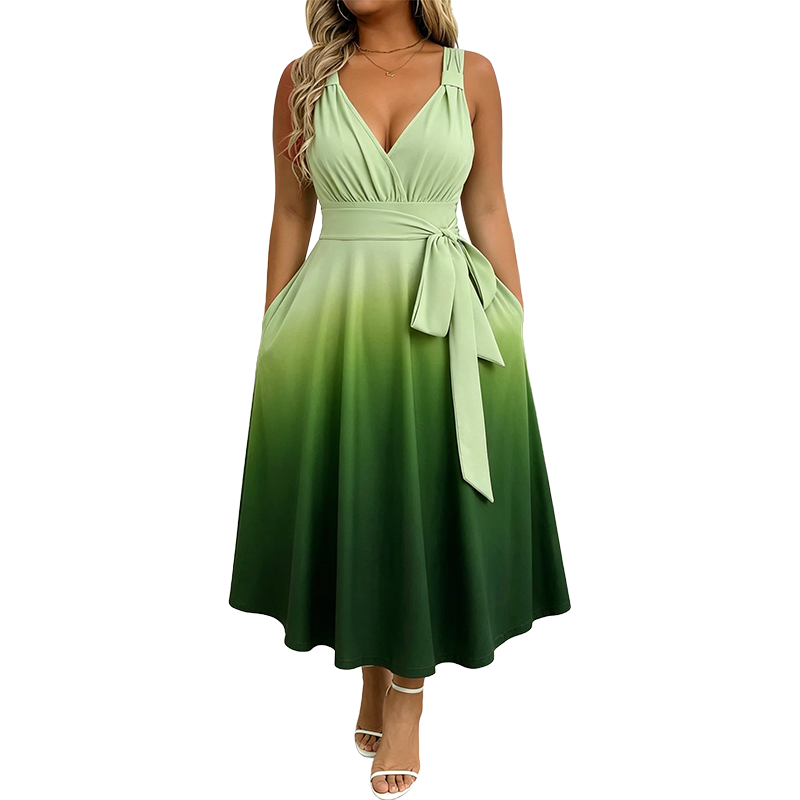 Robe élégante à col en V et dégradé de couleurs pour femme, avec poches