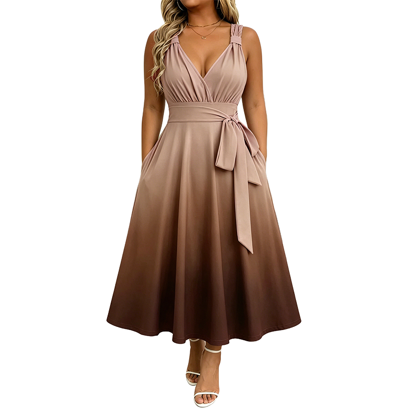Robe élégante à col en V et dégradé de couleurs pour femme, avec poches