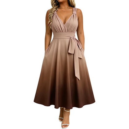 Robe élégante à col en V et dégradé de couleurs pour femme, avec poches