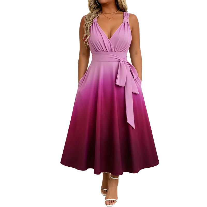Robe élégante à col en V et dégradé de couleurs pour femme, avec poches