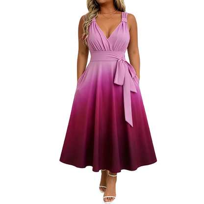 Robe élégante à col en V et dégradé de couleurs pour femme, avec poches