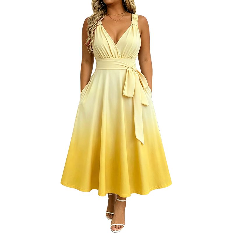 Robe élégante à col en V et dégradé de couleurs pour femme, avec poches