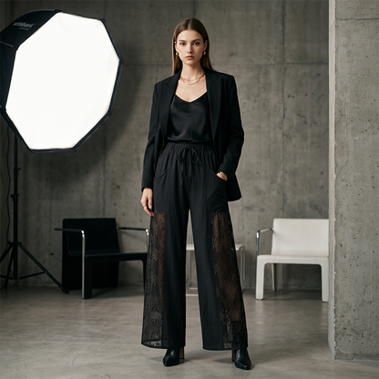 🔥-50%  👖 Pantalon Femme Fluide en Dentelle avec Cordon de Serrage 🌿taille haute cordon et coupe ample pour le quotidien