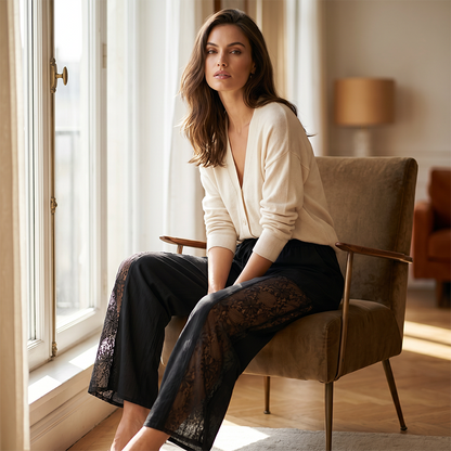 🔥-50%  👖 Pantalon Femme Fluide en Dentelle avec Cordon de Serrage 🌿taille haute cordon et coupe ample pour le quotidien