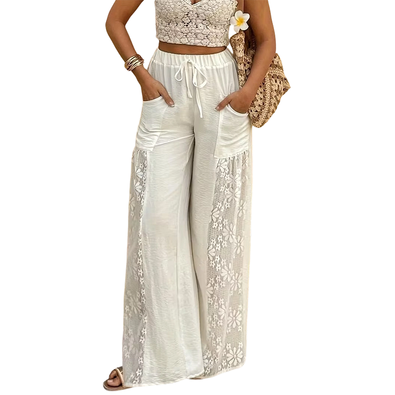 🔥-50%  👖 Pantalon Femme Fluide en Dentelle avec Cordon de Serrage 🌿taille haute cordon et coupe ample pour le quotidien