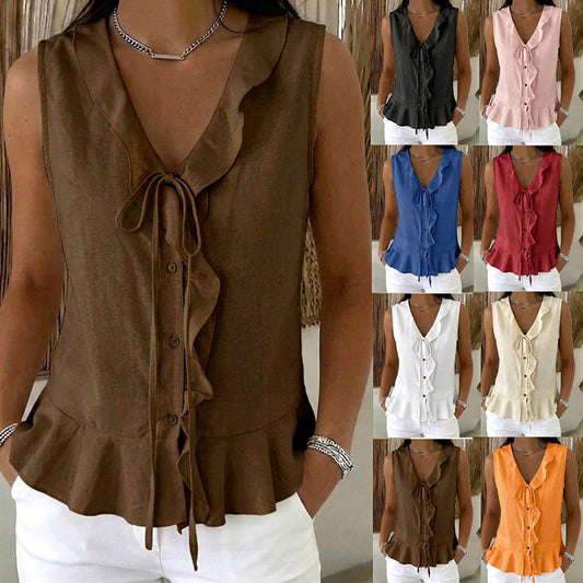 🔥-48%👚 Haut Femme Sans Manches Col V à Volants avec Lacet – Tissu Texturé Léger Coupe Fluide