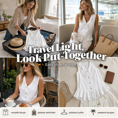🔥-48%👚 Haut Femme Sans Manches Col V à Volants avec Lacet – Tissu Texturé Léger Coupe Fluide