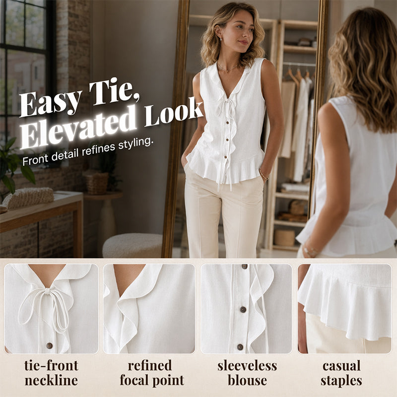 🔥-48%👚 Haut Femme Sans Manches Col V à Volants avec Lacet – Tissu Texturé Léger Coupe Fluide