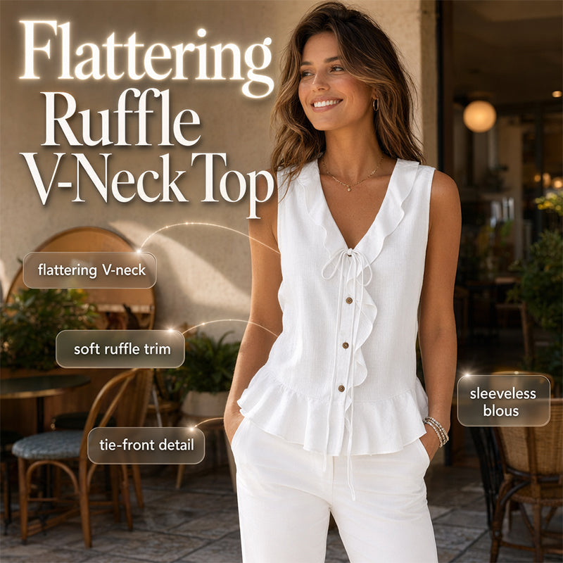 🔥-48%👚 Haut Femme Sans Manches Col V à Volants avec Lacet – Tissu Texturé Léger Coupe Fluide