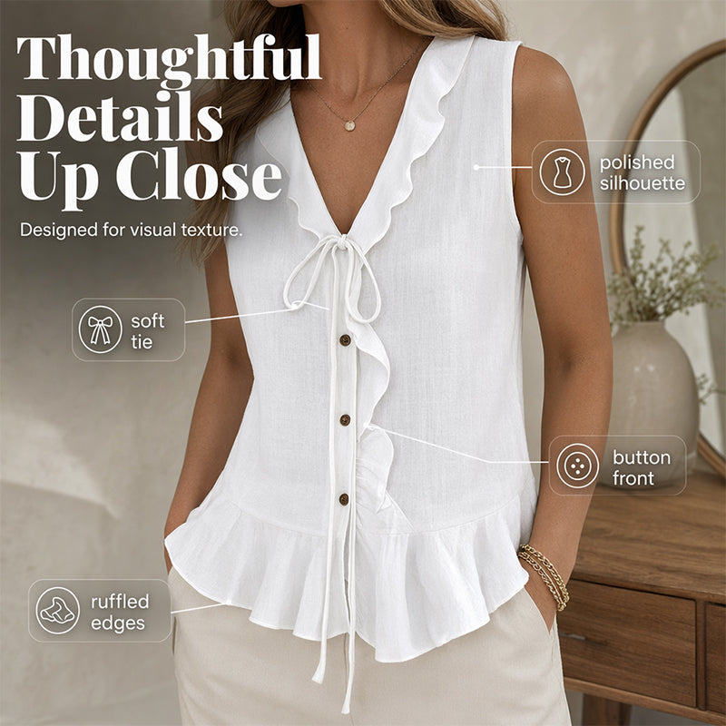 🔥-48%👚 Haut Femme Sans Manches Col V à Volants avec Lacet – Tissu Texturé Léger Coupe Fluide