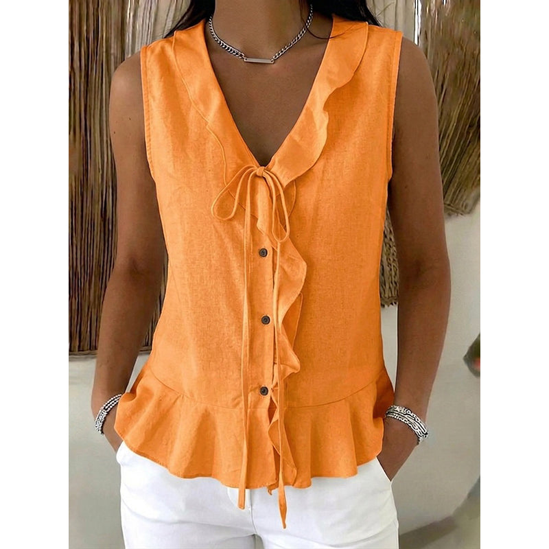 🔥-48%👚 Haut Femme Sans Manches Col V à Volants avec Lacet – Tissu Texturé Léger Coupe Fluide
