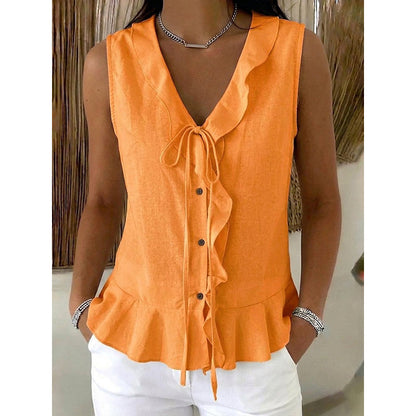 🔥-48%👚 Haut Femme Sans Manches Col V à Volants avec Lacet – Tissu Texturé Léger Coupe Fluide