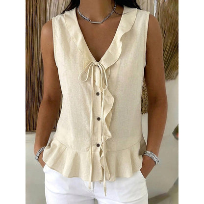 🔥-48%👚 Haut Femme Sans Manches Col V à Volants avec Lacet – Tissu Texturé Léger Coupe Fluide