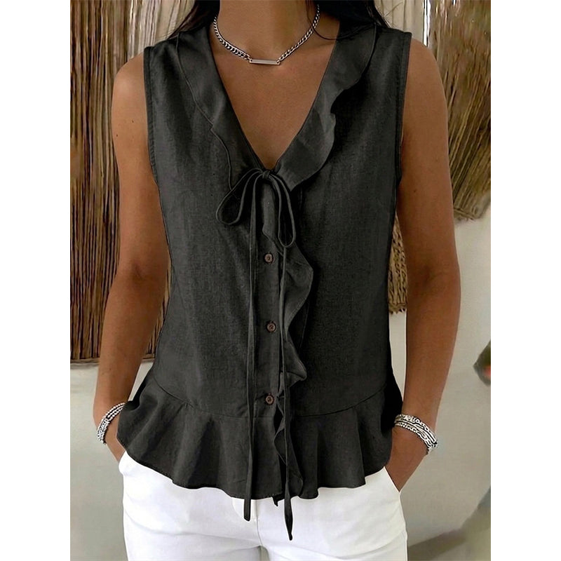 🔥-48%👚 Haut Femme Sans Manches Col V à Volants avec Lacet – Tissu Texturé Léger Coupe Fluide