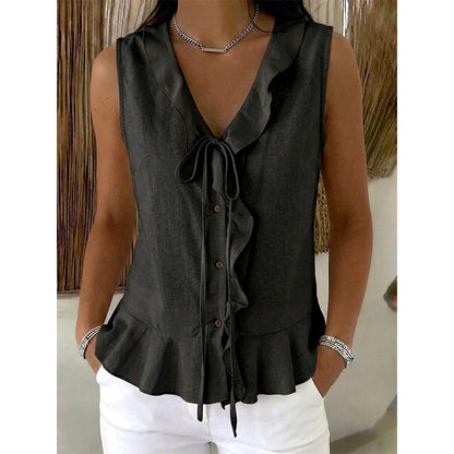 🔥-48%👚 Haut Femme Sans Manches Col V à Volants avec Lacet – Tissu Texturé Léger Coupe Fluide