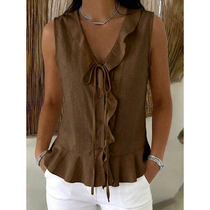 🔥-48%👚 Haut Femme Sans Manches Col V à Volants avec Lacet – Tissu Texturé Léger Coupe Fluide