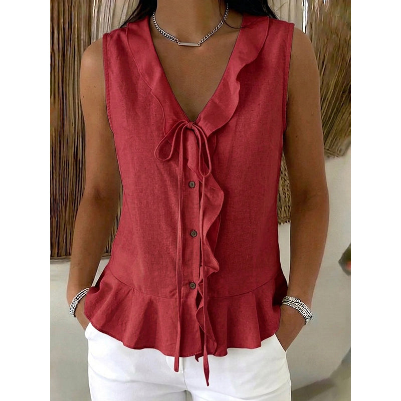 🔥-48%👚 Haut Femme Sans Manches Col V à Volants avec Lacet – Tissu Texturé Léger Coupe Fluide