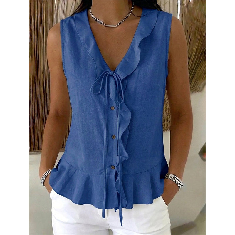 🔥-48%👚 Haut Femme Sans Manches Col V à Volants avec Lacet – Tissu Texturé Léger Coupe Fluide